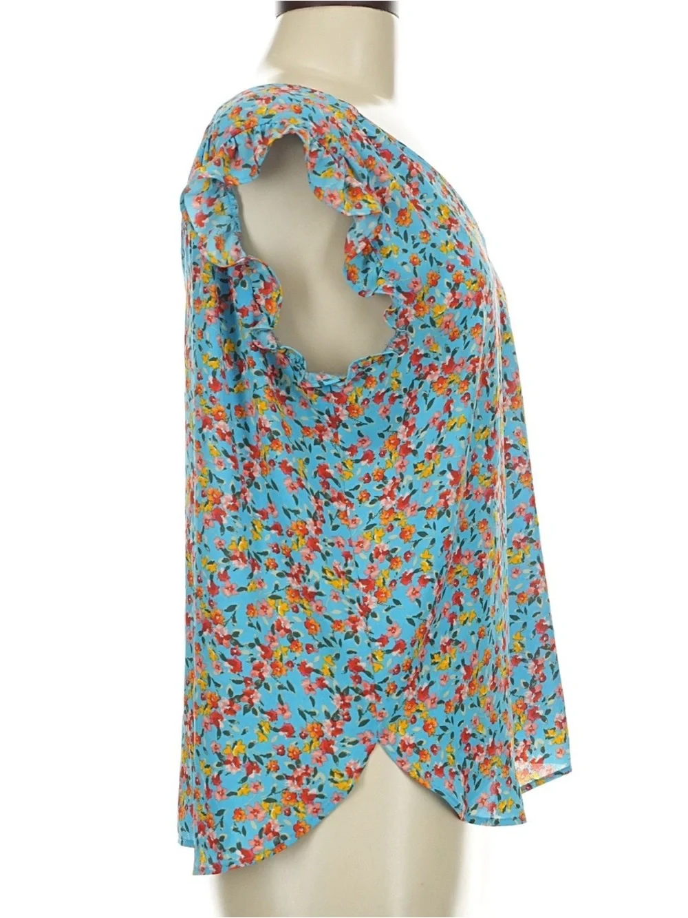 Loft Blue Floral V-Neck Ruffle Sleeve Women’s Top size M